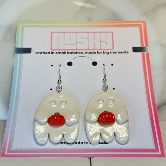 White Ghost Holding a Pumpkin - Handmade Earrings - Picture 5 of 8